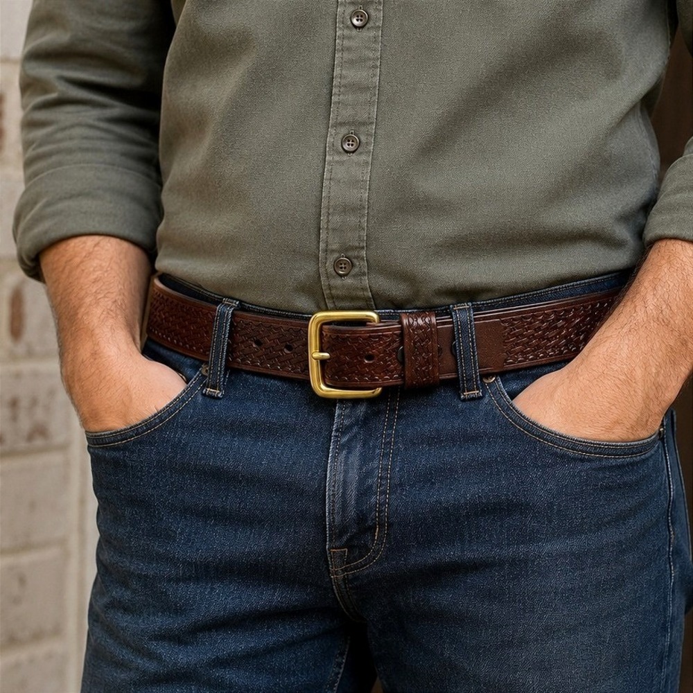 Boston Leather Belt 6582 Men's Brown Basketweave 32 Brass Buckle USA NWOT